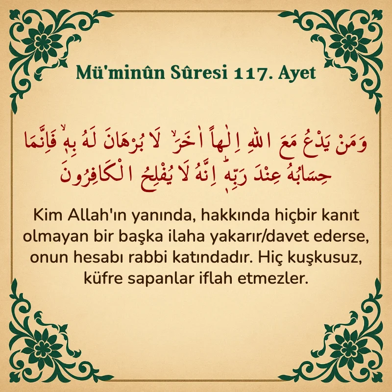 Müminun Suresi 117. Ayet Arapça ve Türkçe meali
