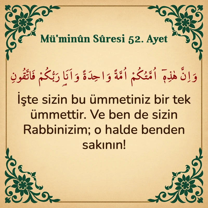 Müminun Suresi 52. Ayet Arapça ve Türkçe meali