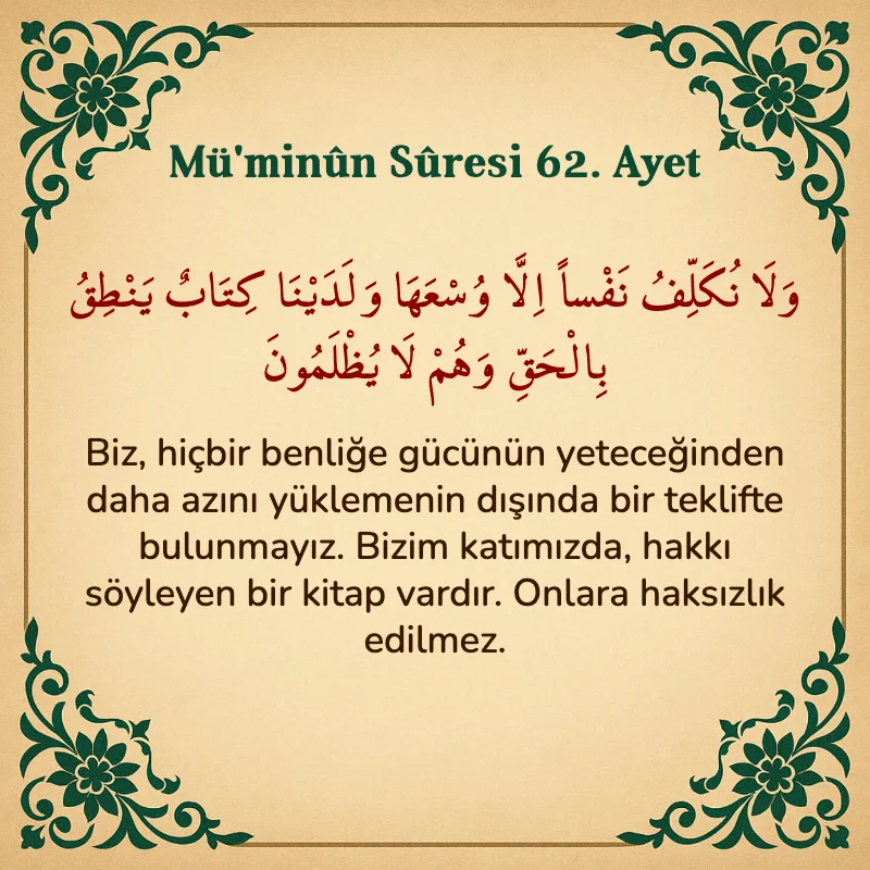 Müminun Suresi 62. Ayet Arapça ve Türkçe meali