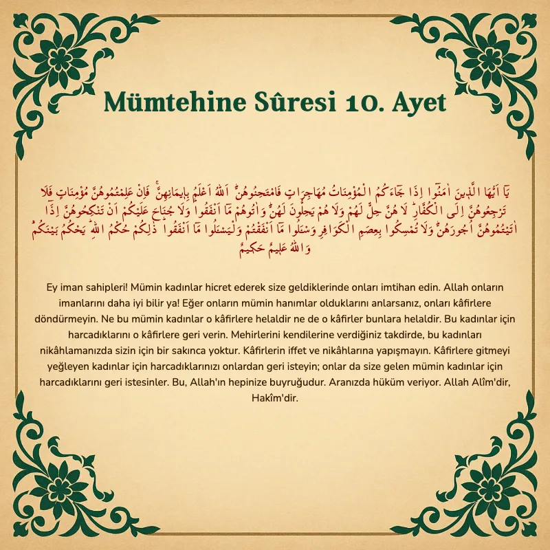 Mümtehine Suresi 10. Ayet Arapça ve Türkçe meali