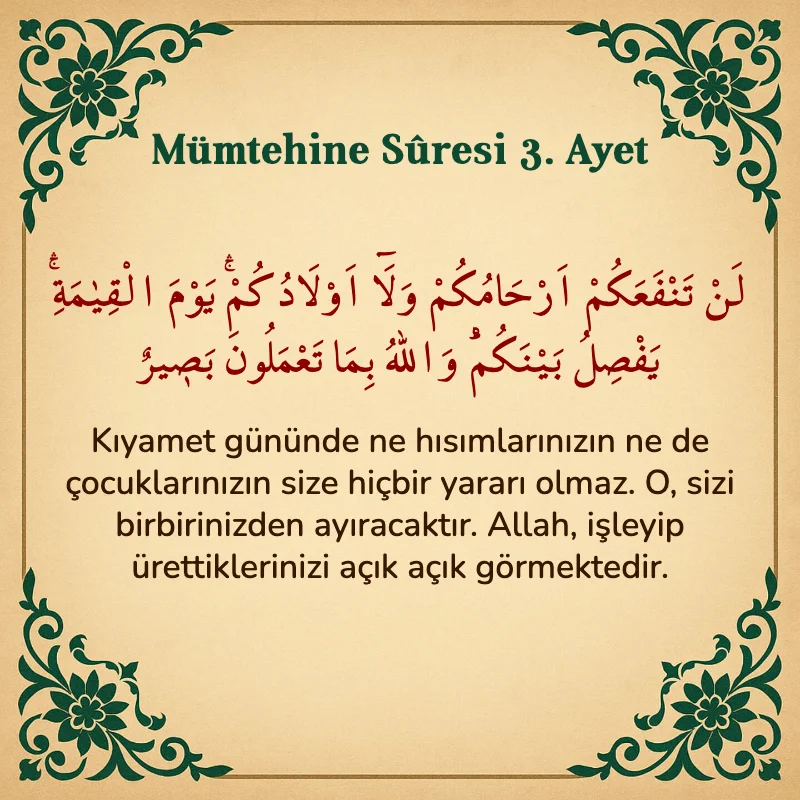 Mümtehine Suresi 3. Ayet Arapça ve Türkçe meali