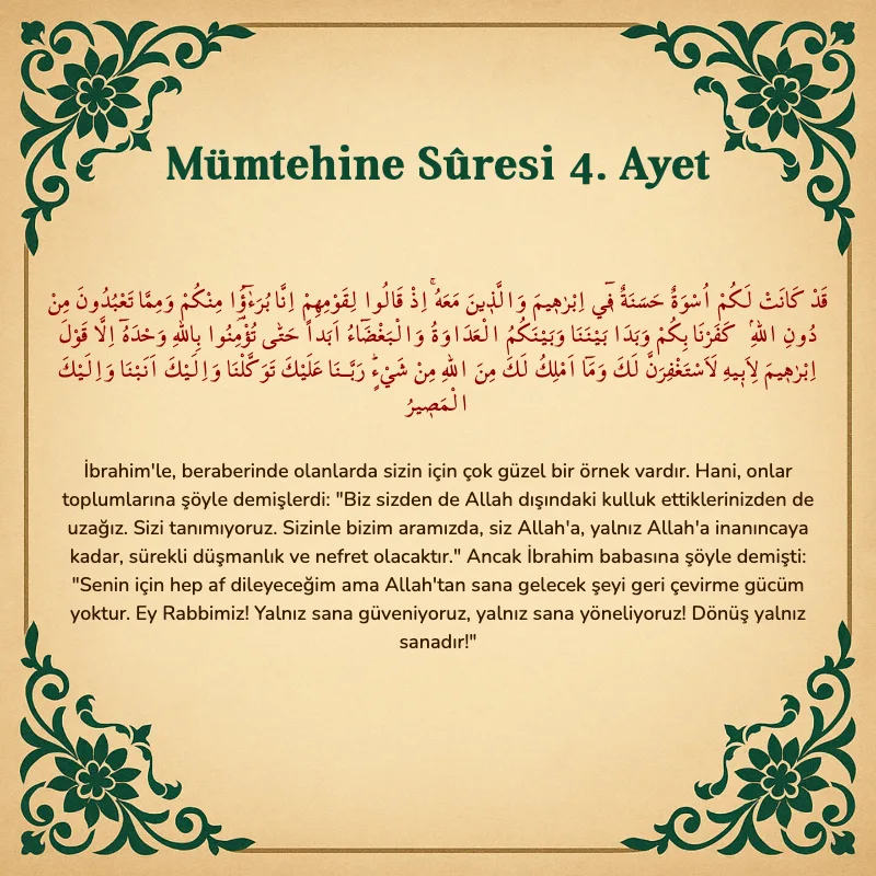 Mümtehine Suresi 4. Ayet Arapça ve Türkçe meali
