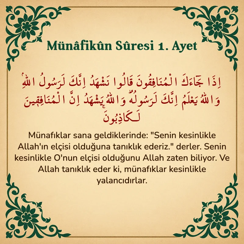 Münafikun Suresi 1. Ayet Arapça ve Türkçe meali