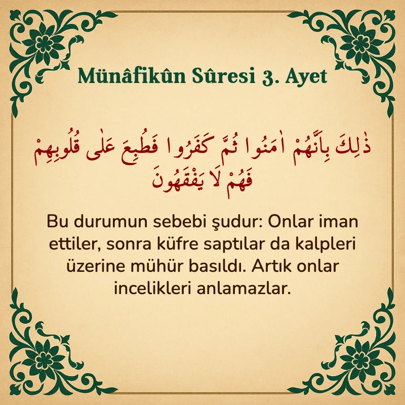Münafikun Suresi 3. Ayet Arapça ve Türkçe meali