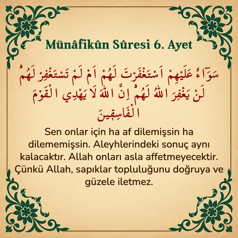 Münafikun Suresi 6. Ayet Arapça ve Türkçe meali
