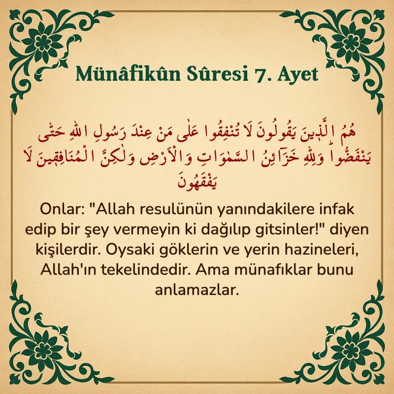 Münafikun Suresi 7. Ayet Arapça ve Türkçe meali