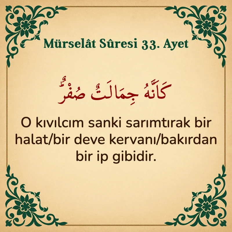 Mürselat Suresi 33. Ayet Arapça ve Türkçe meali