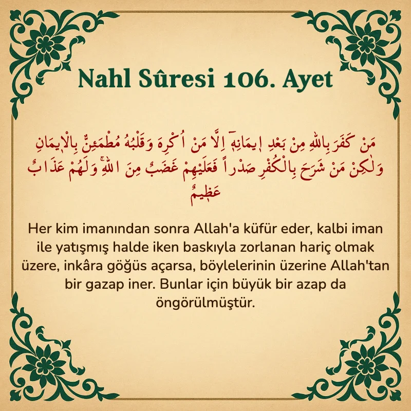 Nahl Suresi 106. Ayet Arapça ve Türkçe meali