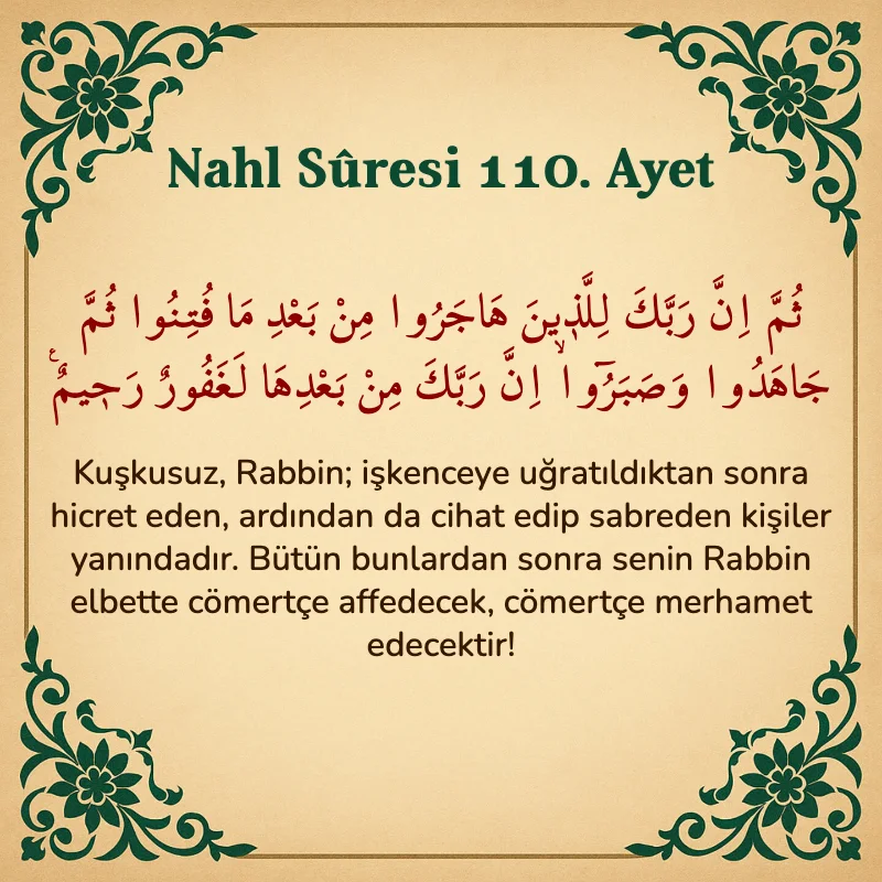 Nahl Suresi 110. Ayet Arapça ve Türkçe meali
