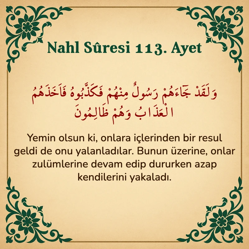 Nahl Suresi 113. Ayet Arapça ve Türkçe meali