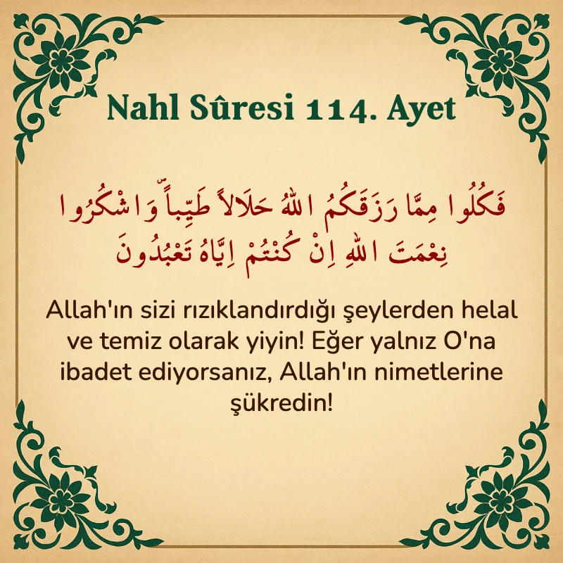 Nahl Suresi 114. Ayet Arapça ve Türkçe meali