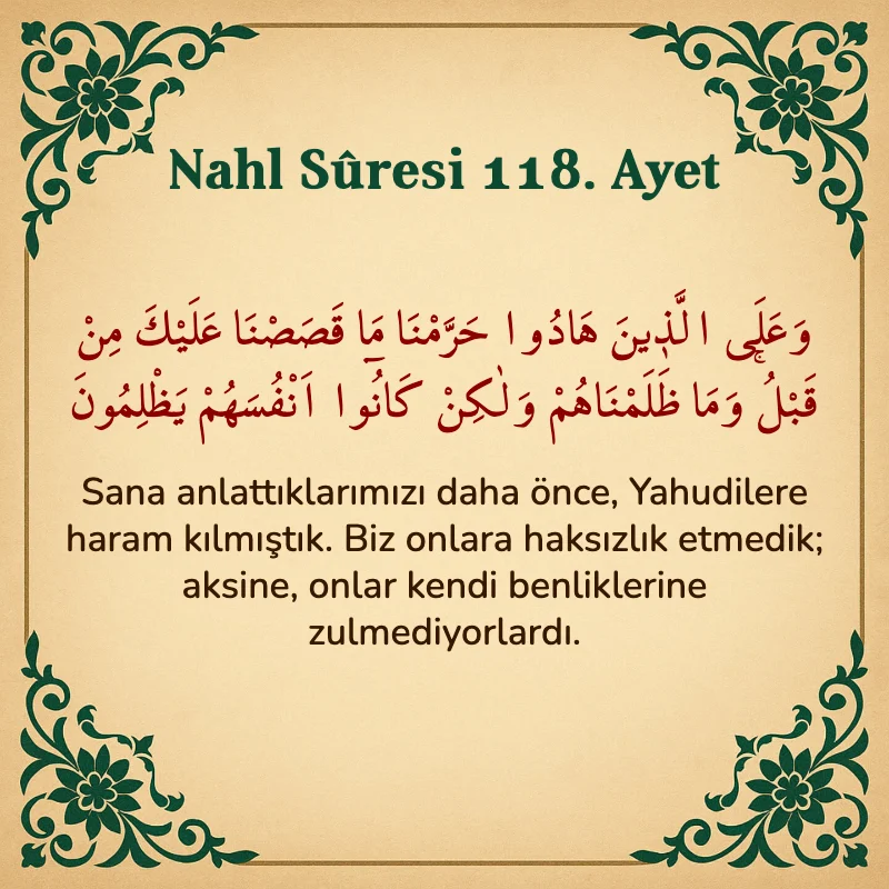 Nahl Suresi 118. Ayet Arapça ve Türkçe meali
