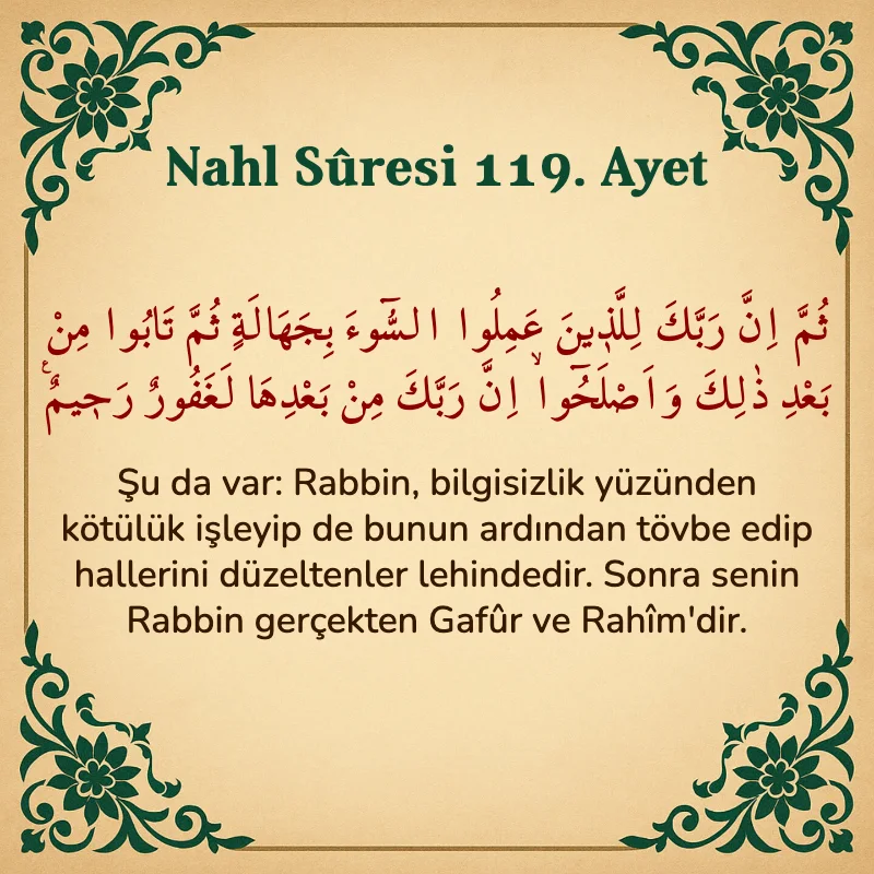 Nahl Suresi 119. Ayet Arapça ve Türkçe meali