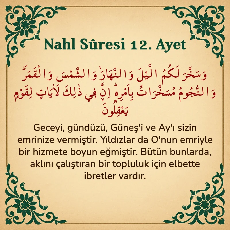 Nahl Suresi 12. Ayet Arapça ve Türkçe meali
