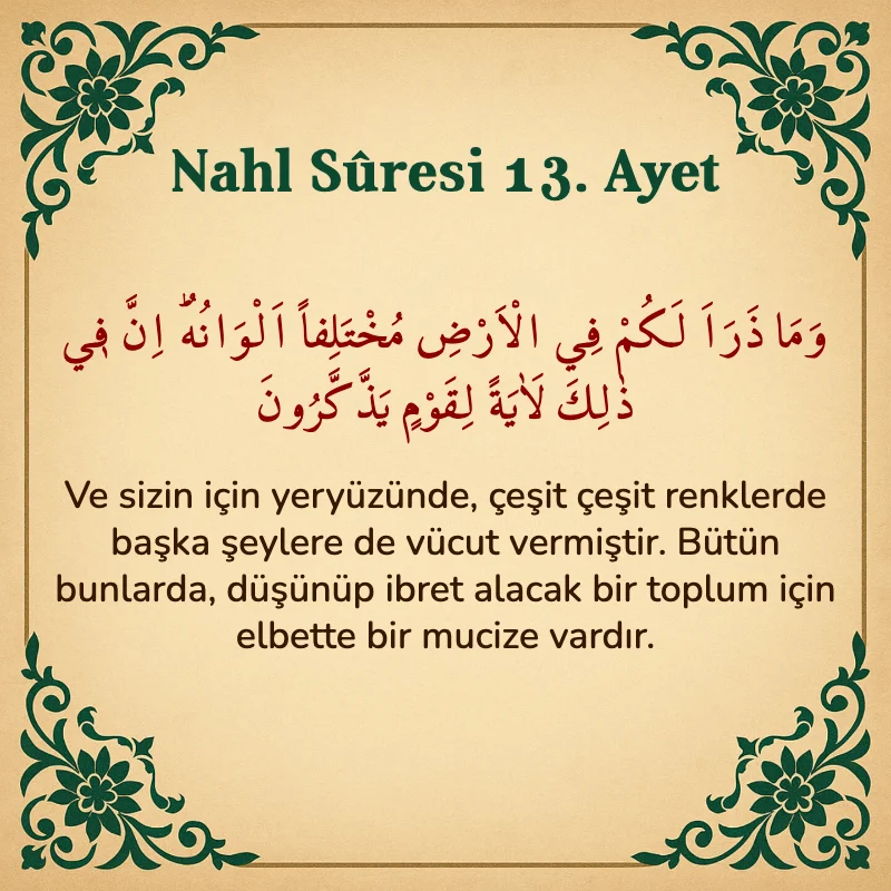 Nahl Suresi 13. Ayet Arapça ve Türkçe meali