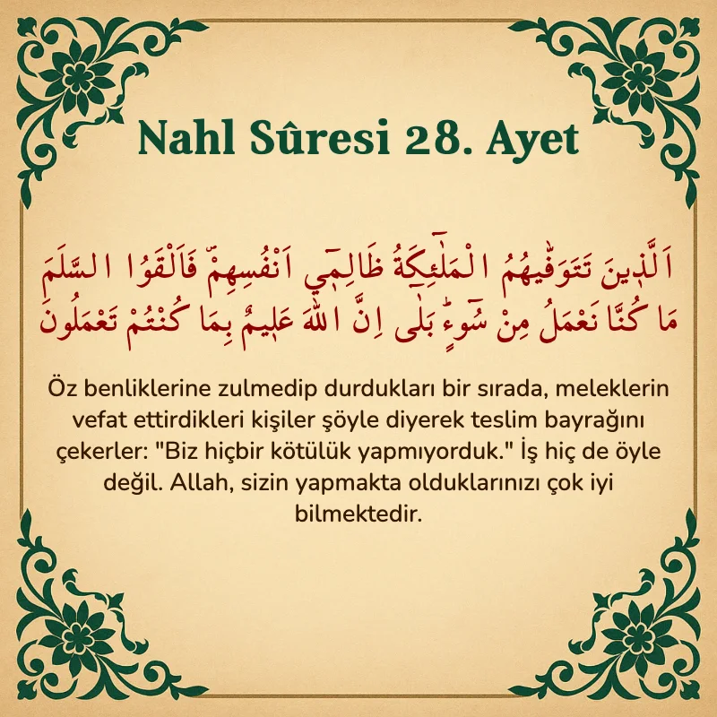 Nahl Suresi 28. Ayet Arapça ve Türkçe meali
