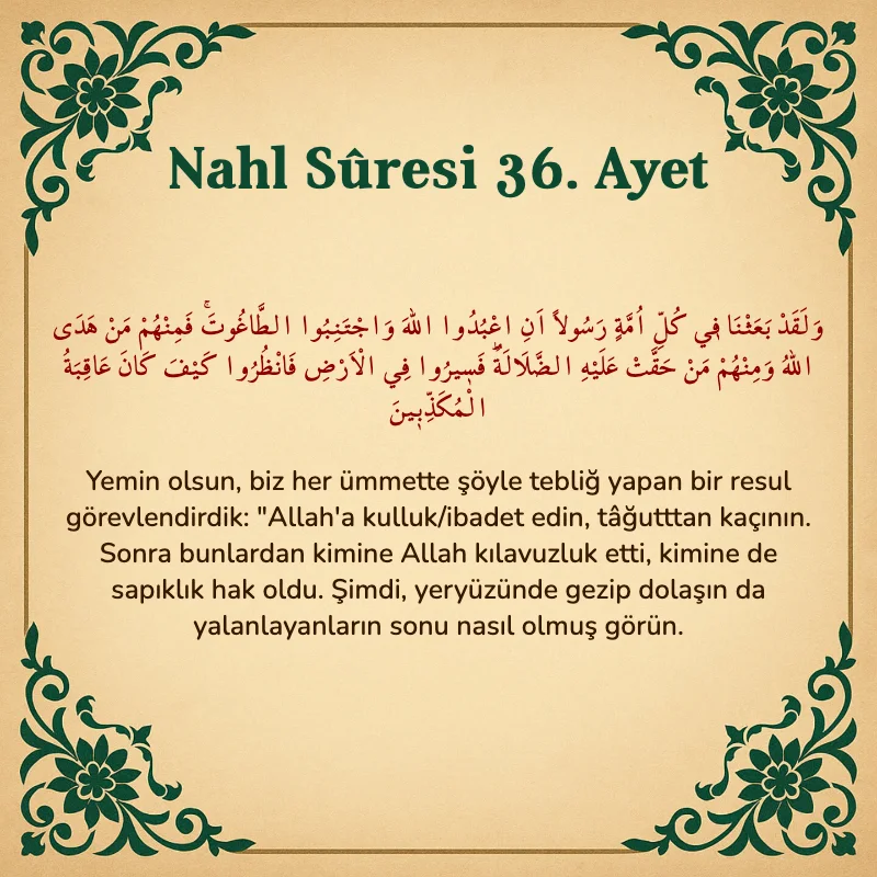 Nahl Suresi 36. Ayet Arapça ve Türkçe meali