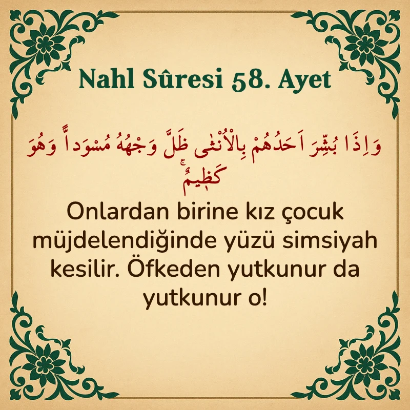 Nahl Suresi 58. Ayet Arapça ve Türkçe meali