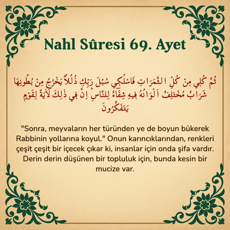 Nahl Suresi 69. Ayet Arapça ve Türkçe meali