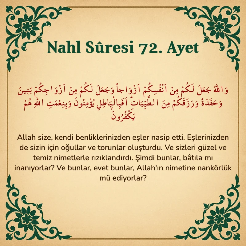 Nahl Suresi 72. Ayet Arapça ve Türkçe meali