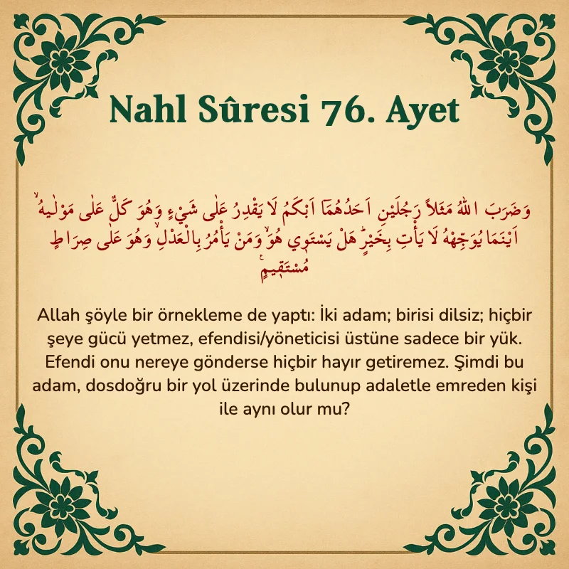 Nahl Suresi 76. Ayet Arapça ve Türkçe meali