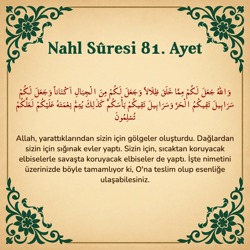 Nahl Suresi 81. Ayet Arapça ve Türkçe meali