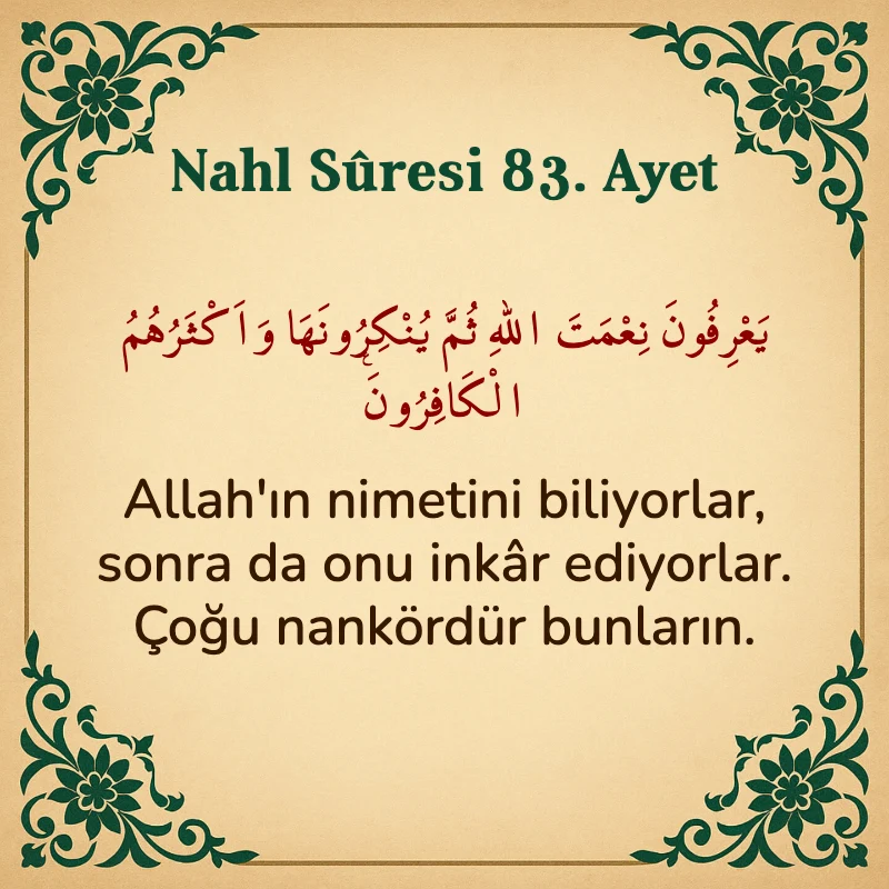 Nahl Suresi 83. Ayet Arapça ve Türkçe meali
