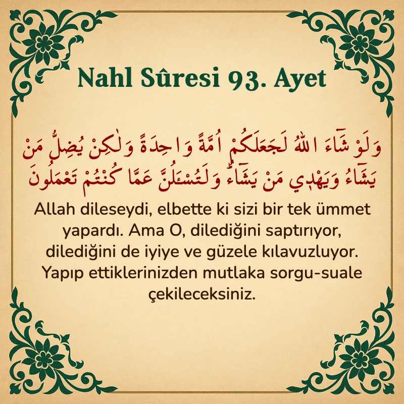 Nahl Suresi 93. Ayet Arapça ve Türkçe meali