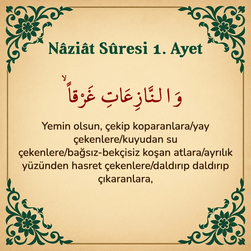 Naziat Suresi 1. Ayet Arapça ve Türkçe meali