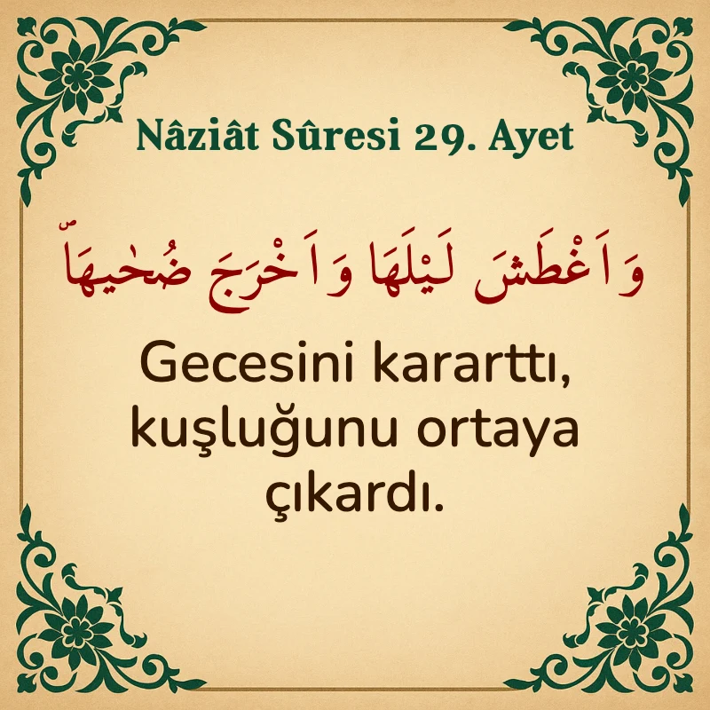 Naziat Suresi 29. Ayet Arapça ve Türkçe meali