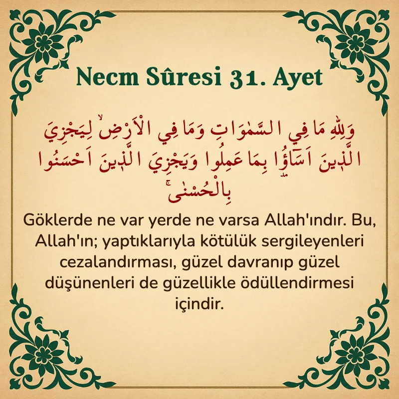 Necm Suresi 31. Ayet Arapça ve Türkçe meali