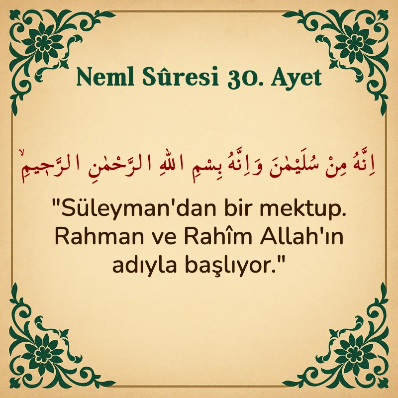 Neml Suresi 30. Ayet Arapça ve Türkçe meali