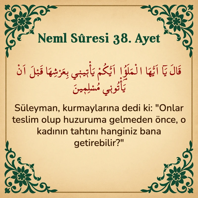 Neml Suresi 38. Ayet Arapça ve Türkçe meali