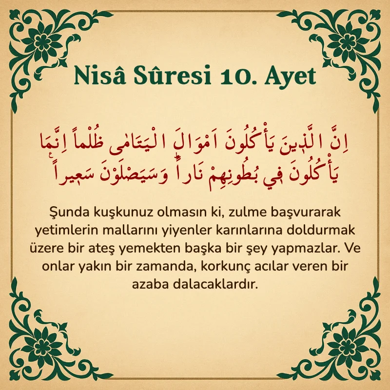 Nisâ Sûresi 10. Ayet Arapça ve Türkçe meali