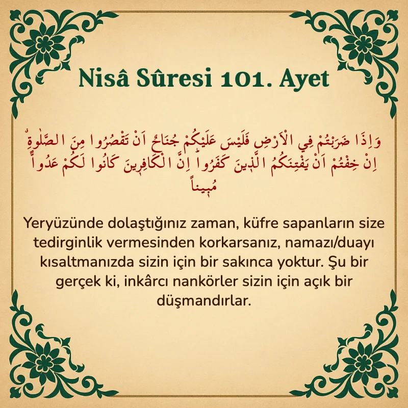 Nisâ Sûresi 101. Ayet Arapça ve Türkçe meali