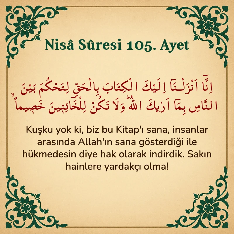 Nisâ Sûresi 105. Ayet Arapça ve Türkçe meali