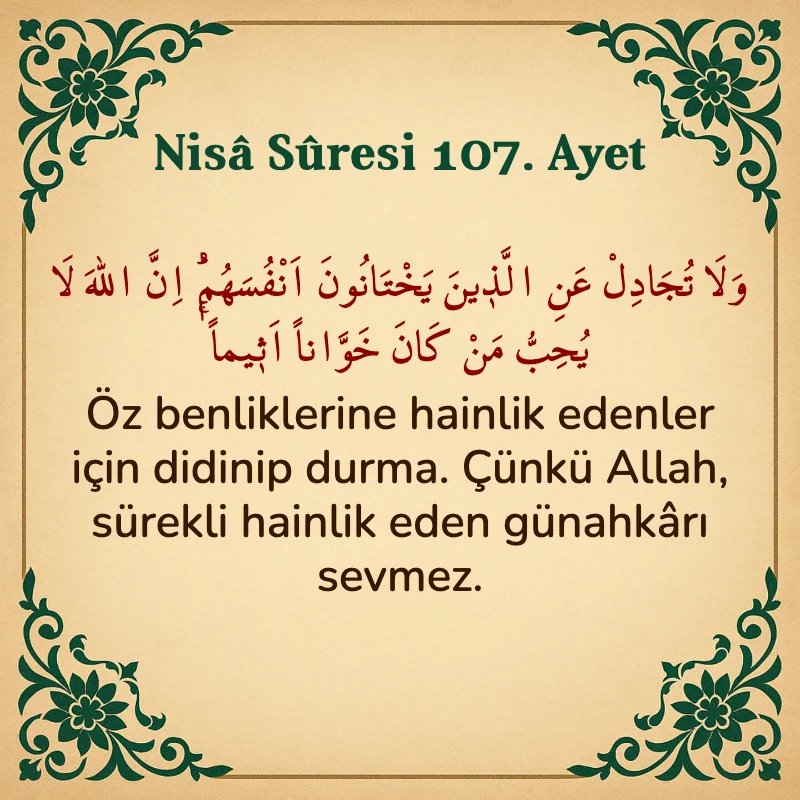 Nisâ Sûresi 107. Ayet Arapça ve Türkçe meali