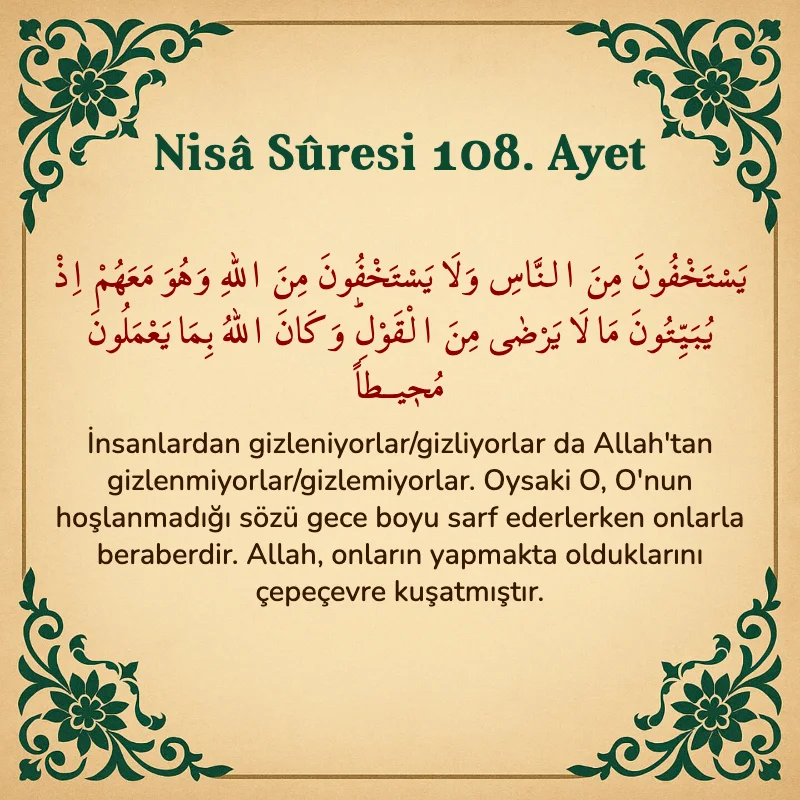 Nisâ Sûresi 108. Ayet Arapça ve Türkçe meali