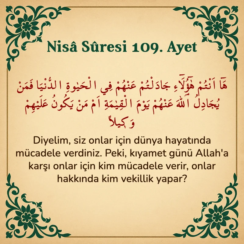 Nisâ Sûresi 109. Ayet Arapça ve Türkçe meali