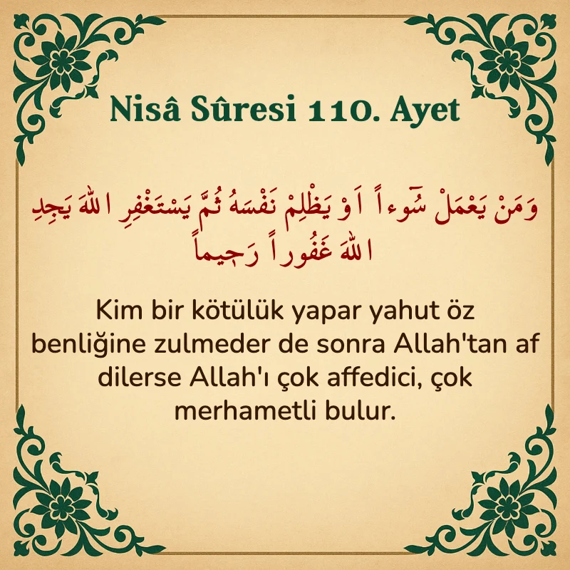 Nisâ Sûresi 110. Ayet Arapça ve Türkçe meali