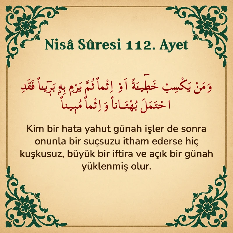 Nisâ Sûresi 112. Ayet Arapça ve Türkçe meali