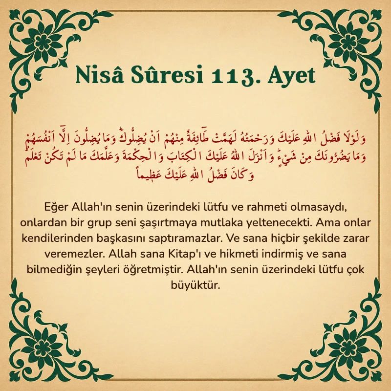 Nisâ Sûresi 113. Ayet Arapça ve Türkçe meali