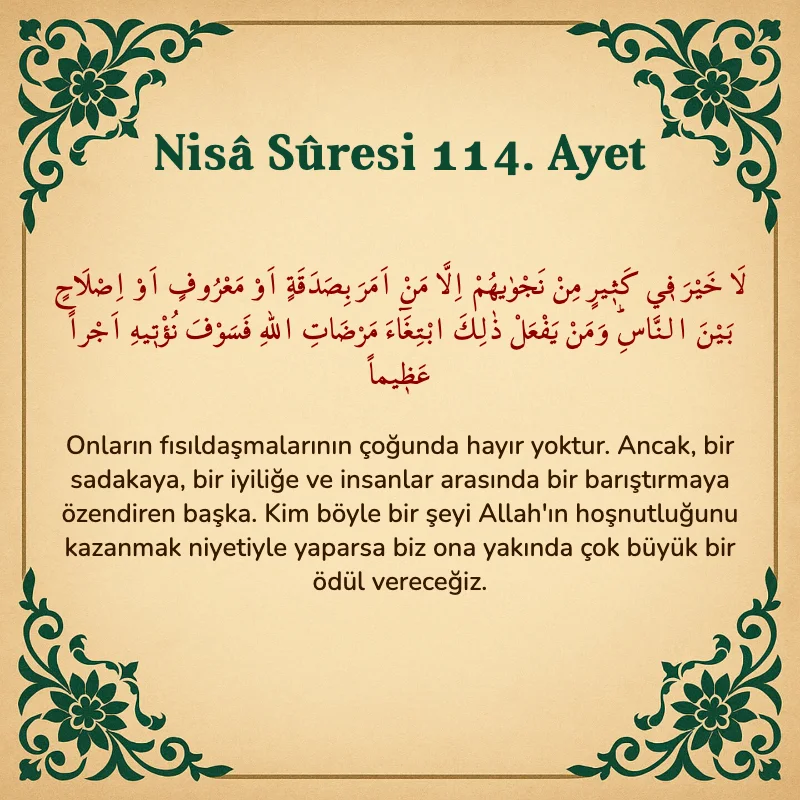 Nisâ Sûresi 114. Ayet Arapça ve Türkçe meali