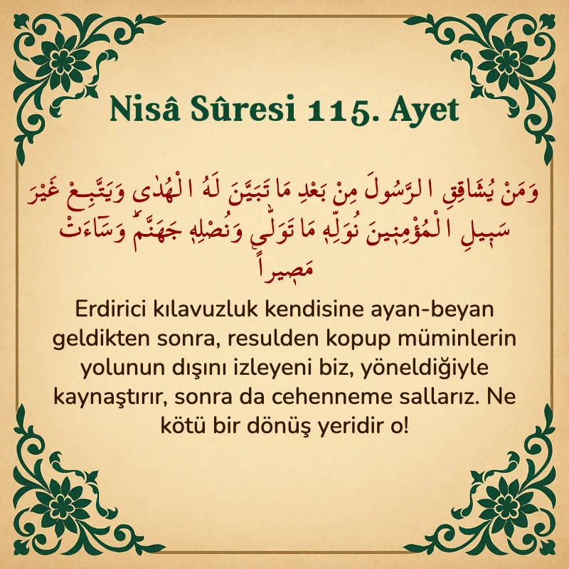 Nisâ Sûresi 115. Ayet Arapça ve Türkçe meali