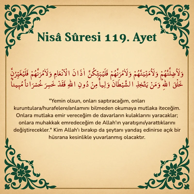 Nisâ Sûresi 119. Ayet Arapça ve Türkçe meali
