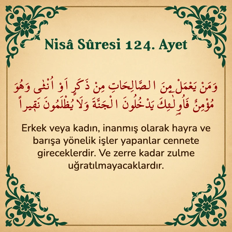Nisâ Sûresi 124. Ayet Arapça ve Türkçe meali