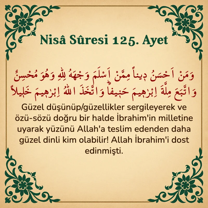 Nisâ Sûresi 125. Ayet Arapça ve Türkçe meali