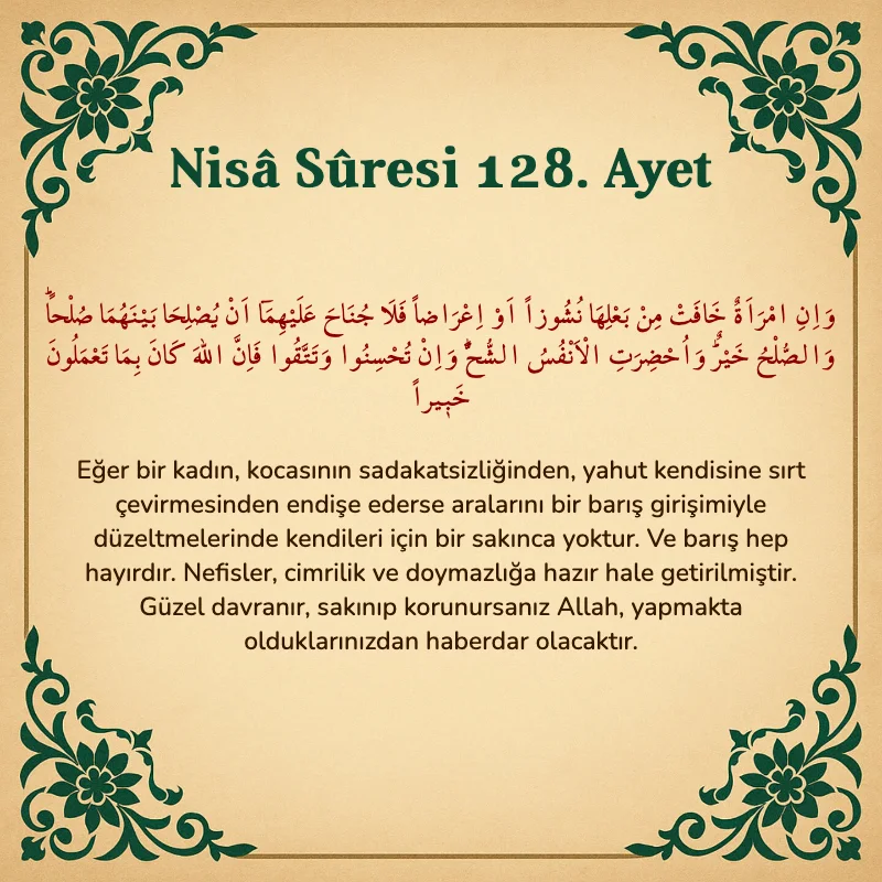 Nisâ Sûresi 128. Ayet Arapça ve Türkçe meali