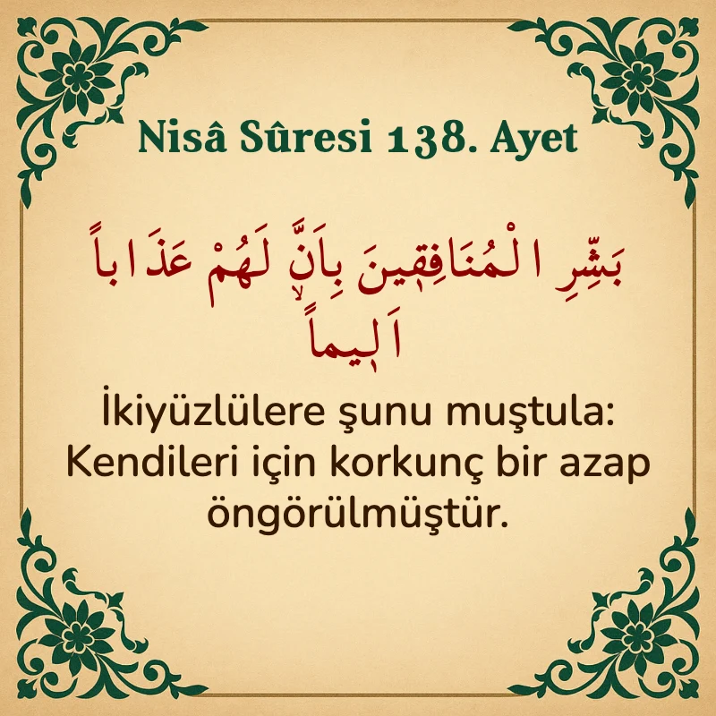 Nisâ Sûresi 138. Ayet Arapça ve Türkçe meali