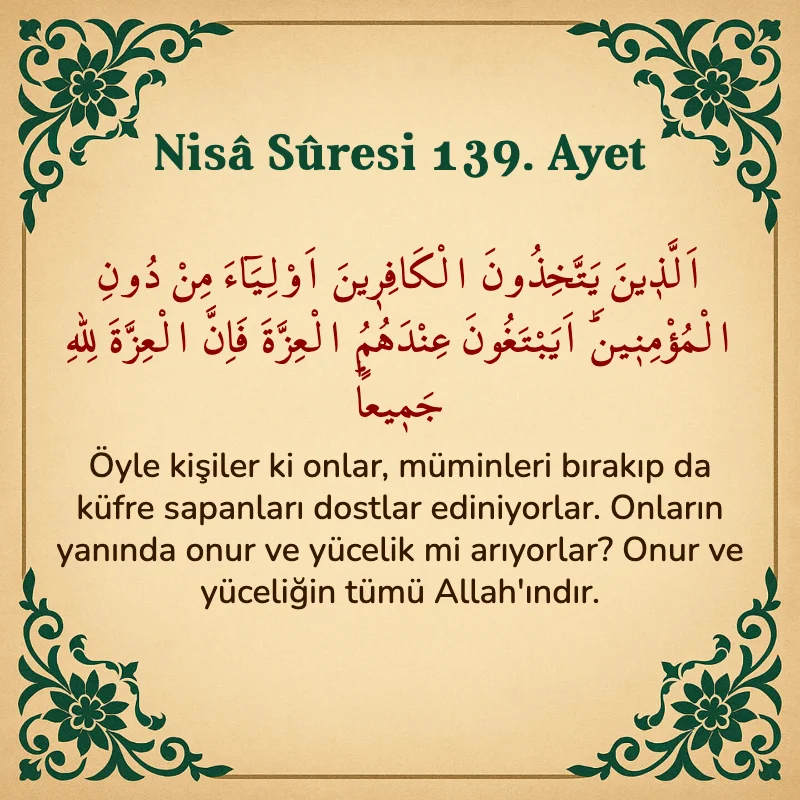 Nisâ Sûresi 139. Ayet Arapça ve Türkçe meali